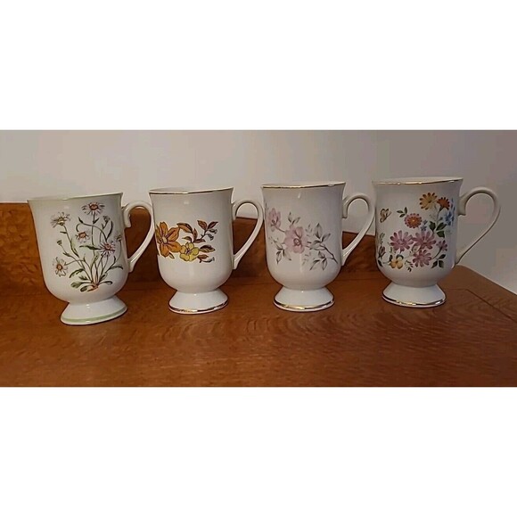 Set 4 Royal Domino Collection Pedestal Footed Mugs Floral Assorted Japan - Picture 1 of 15